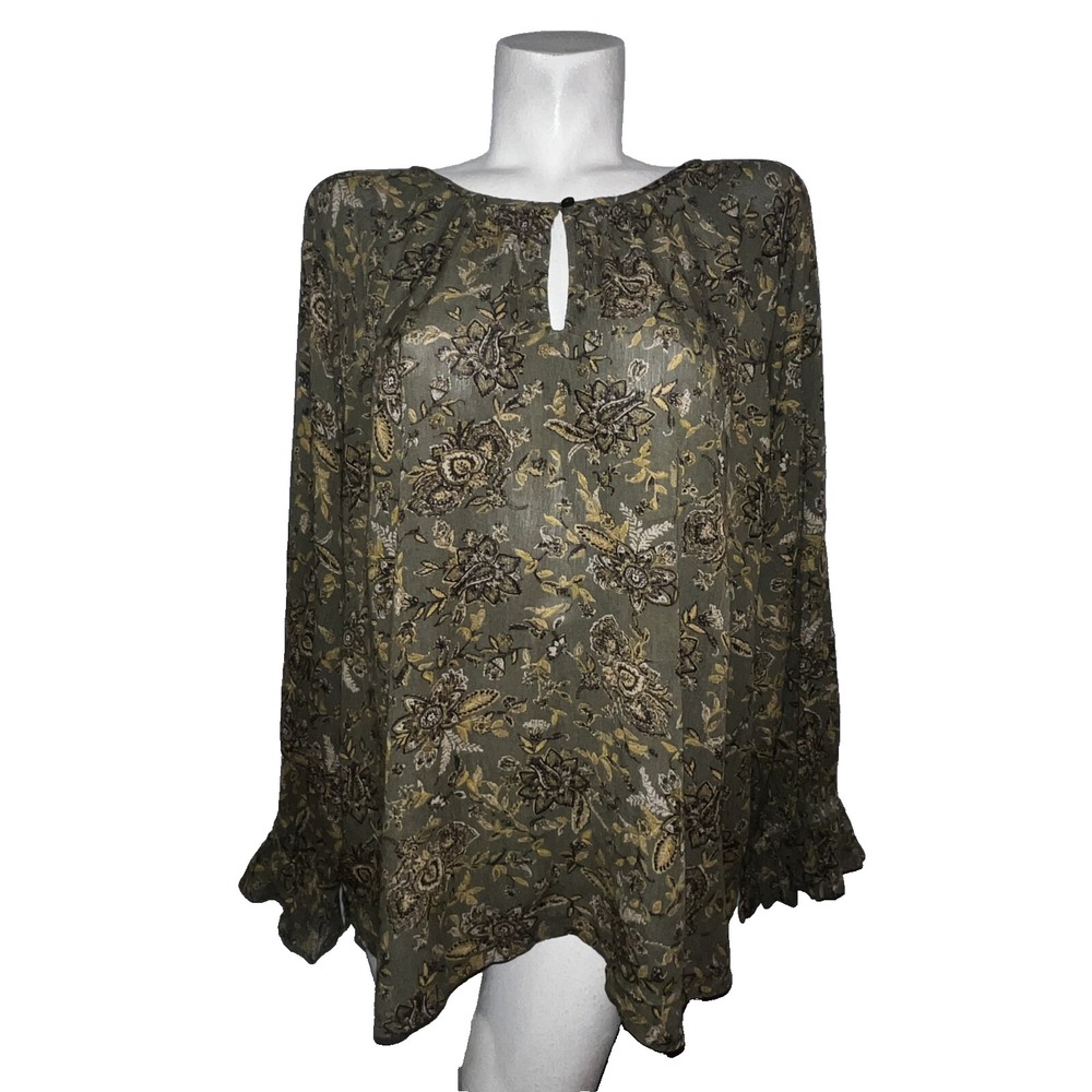 Encore by Watters Womens 3X Olive Green Floral Keyhole Blouse Ruffle Sleeve Top